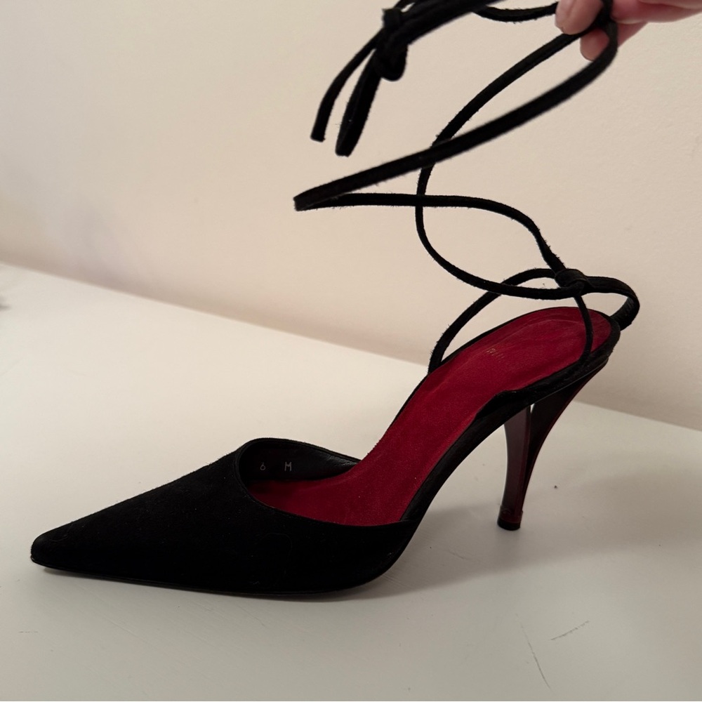 Stewart Weitzman Black Suede Lace-Up Heels with Architectural Heel - Women’s 6